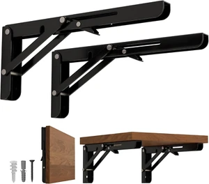 8 Inch Folding Shelf Brackets, Heavy Duty Wall Mounted Shelf Bracket, 2 Pack, Bl - Picture 1 of 12