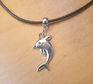 DOLPHIN LEATHER NECKLACE 17 INCH MENS WOMENS TIBETAN SILVER PENDANT - Picture 1 of 2