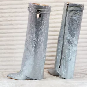 Super Sparkle Rhinestone Sharky Skirted Fold Over Wedge Heel Knee Boots Silver - Picture 1 of 13