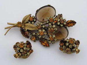 VINTAGE VENDOME SIGNED MULTI COLOR RHINESTONE FLOWER PIN BROOCH & EARRINGS SET - Picture 1 of 5