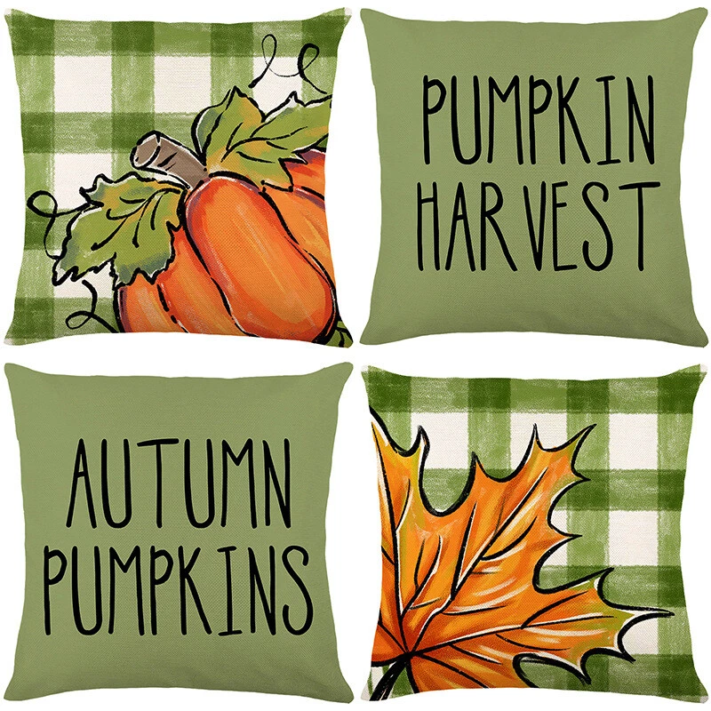 Fall Pillow Covers 18x18 Set of 4 Buffalo Plaid Pumpkin Maple Leaf Cushion Case - Image 1 of 4