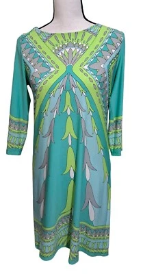 Maggy London Sheath Dress Aqua Blue Green Boho Paisley Print 3/4 Sleeve Midi 8P - Image 1 of 4