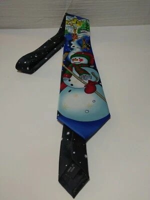 Noel Holiday Collection Tie Black White Red Blue snowman and deer playing hockey - Изображение 1 из 4