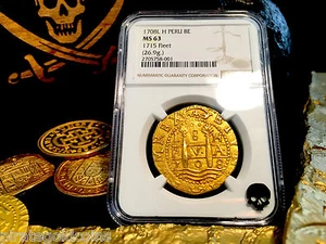 PERU 8 ESCUDOS 1708  NGC 63 1715 FLEET FINEST KNOWN of 10 GOLD COB DOUBLOON COIN - Picture 1 of 12