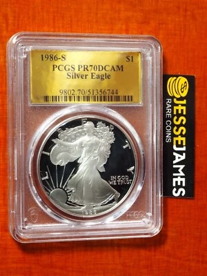 1986 S PROOF SILVER EAGLE PCGS PR70 DCAM GOLD FOIL LABEL - Image 1 of 2