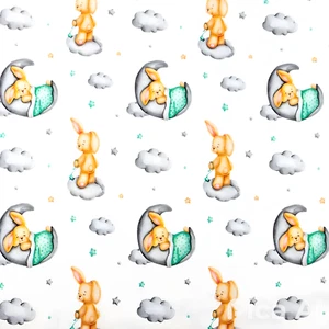 Childrens 220GSM - Cute Bunnies on Clouds & Moon, Off White Cotton Jersey Fabric - Picture 1 of 6
