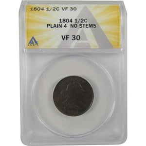 1804 Plain 4 No Stems Draped Bust Half Cent VF 30 ANACS SKU:CPC0824 - Picture 1 of 4