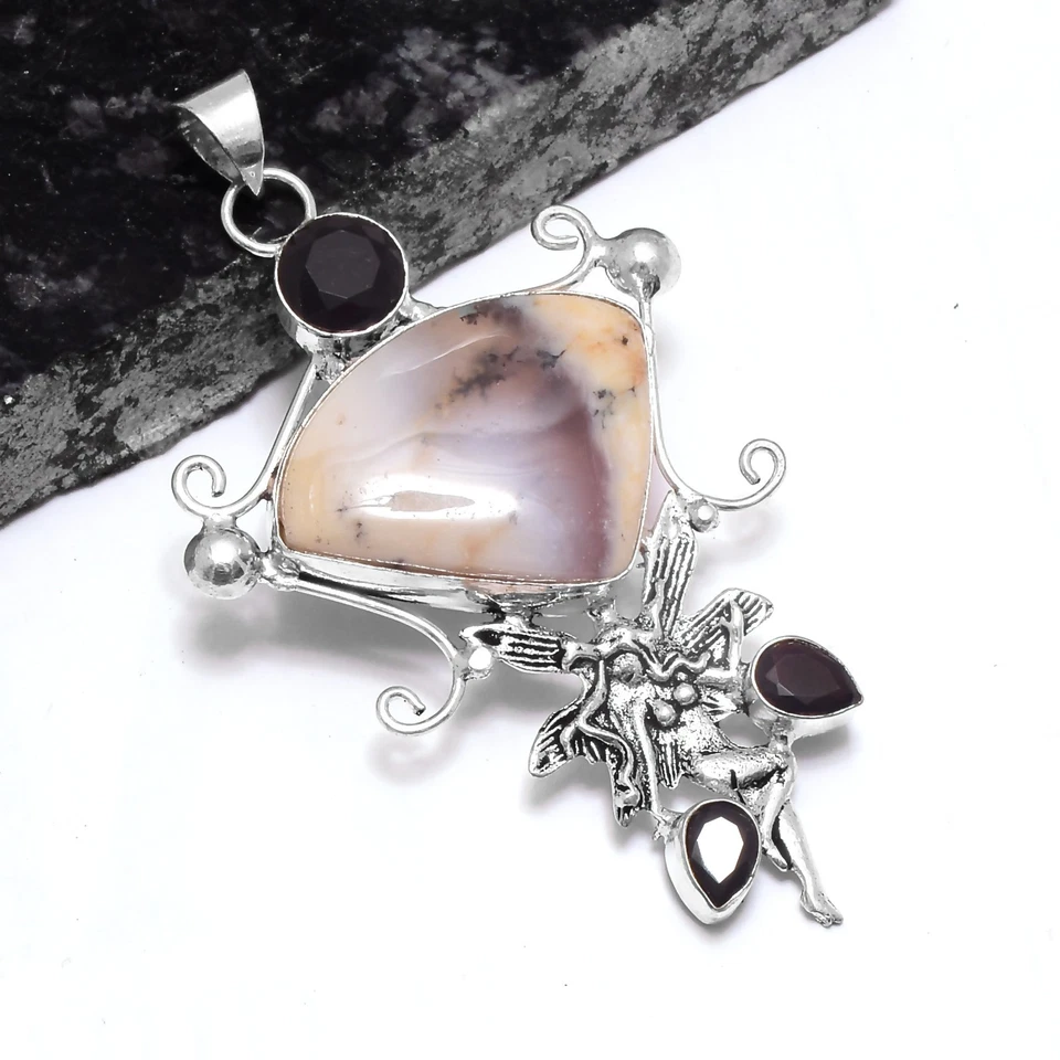 Pingente de presente étnico feito à mão opala dendrita ônix preto joia 3,2" P-528 - Imagem 1 de 1