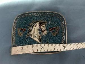 TAXCO SILVER BELT BUCKLE CRUSHED TURQUOISE HORSE SPURS Mexico Tasco Jewelry - Picture 1 of 4