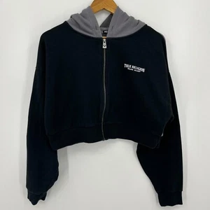 True Religion Cropped Hoodie Women's M Gray Black Full Zip Spellout Logo Oversiz - Picture 1 of 11