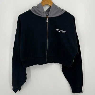 Sudadera con capucha corta True Religion para mujer talla M gris negra cremallera completa logotipo deletreado Foto 1 de 4
