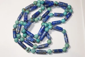 Loong Hand-Knotted LAPIS LAZULI & TURQUOISE Gemstone Beaded 38" Flapper NECKLACE - Picture 1 of 7
