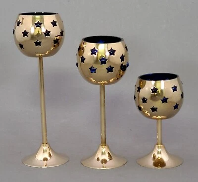 Votive Candle Holder Brass Blue Glass Liner Star Cutouts 3"D  6-7.5-9"High Set/3 - Image 1 of 4