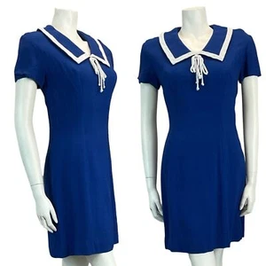 VTG 60S 70S ROYAL BLUE NAUTICAL LINEN FEEL MINI DRESS MOD GOGO SCOOTER 8 10 - Picture 1 of 7