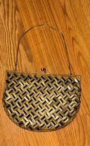 Vintage Abendtasche Gold Silber Schwarz Perlen Handtasche Made in Hong Kong - Bild 1 von 9