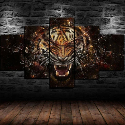 Fierce Tiger Roaring Animal 5 面板帆布印花墙艺术海报家居装饰 — 第 1/4 张图片