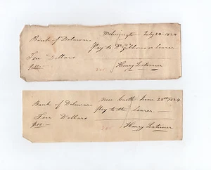 two 1824 checks SIGNED by Henry Latimer, Jr., President of the Bank of Delaware - Picture 1 of 1
