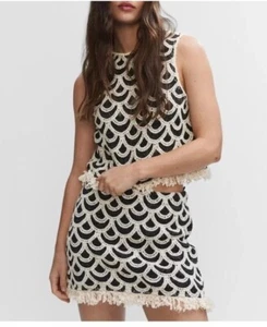 Mango Geometric Crochet 2 Piece Co-Ord Top & Skirt Set Size XS NWT Black Beige - Picture 1 of 11