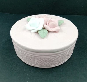 Powder Pink Vintage Trinket Box Jar Lid adorned with 3D roses Chaulkwear 2.75" - Picture 1 of 9