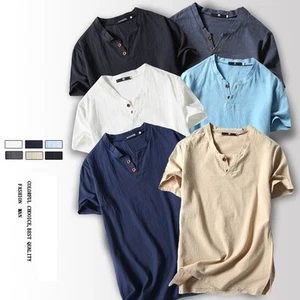 Mens Short Sleeve Linen Shirts Summer Casual Loose Hawaiian T-Shirt Blouse Tops - Picture 1 of 18