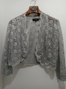 R & M Richards 3/4 Sleeve Sequin Lace Bolero Jacket W/ Scalloped Silver Sz Med - Picture 1 of 6