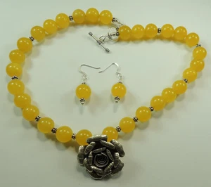 Statement Gelbe Jade Sterlingsilber Halskette & Ohrringe Set Thai Silber Rose - Bild 1 von 1