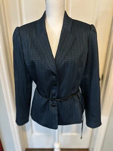 Blazer Tahari Arthur S. Levine Chaqueta de Carrera Azul Geométrico Cinturón Cintura Talla 14P - Imagen 1 de 15