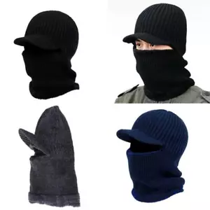 Men Winter Knitted Balaclava Beanie Hat with Visor Plush Lining Neck Warmer Mask - Picture 1 of 14