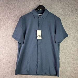 Zara Shirt Mens Extra Large Blue Short Sleeve Button Up Collared Polo NEW NWT - Picture 1 of 14