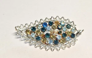 Vintage Silver Toned Leaf Brooch Pin Rhinestones - Picture 1 of 4