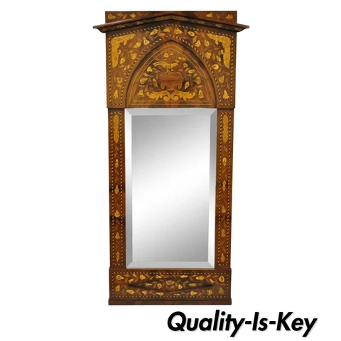 19th Century Satinwood Dutch Marquetry Inlaid Beveled Glass Console Wall Mirror Cover