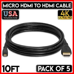 5 Pack 10FT Micro HDMI Cable Male Type D HDMI Cord ARC HDTV Tablet GoPro Camera - Picture 1 of 6