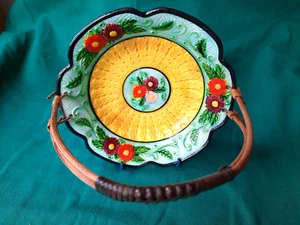 Antique Vintage Japanese Majolica Bonbon Dish Cane Handle Basket - Picture 1 of 8