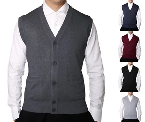 Mens Sleeveless V Neck Jumper Button Up Sweater Tank Top Cardigan Casual (905) - Picture 1 of 29