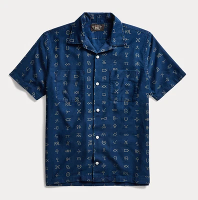 Double RL RRL Ralph Lauren All Over Logo Print Indigo Camp Hawaiian Aloha Shirt - Image 1 of 4