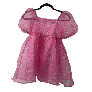 Girl's Pink Barbie Logo Dress Puff Sleeves Large 10-12 - Picture 1 of 8