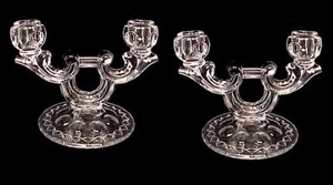 Elegant Depression Glass 2 Lite Double Candle Holders Floral Etched Vintage Pair - Picture 1 of 6