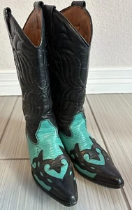 EUC Vtg Sundance Flings 7.5 Leather Teal Blue Black 2 Tone Western Boots Brazil - Picture 1 of 11