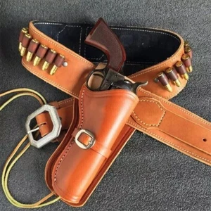 Western Gun Holster Belt Genuine Leather Revolver Pistol Hand Curved Cowboy - Picture 1 of 3