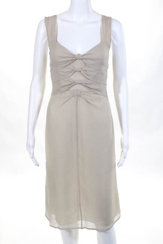 MOSCHINO Abito midi beige senza maniche scollo a scoop 100% seta couture con volant taglia 8