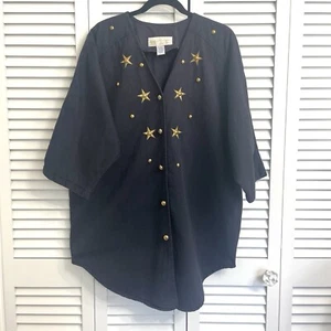 Vintage Monique Fashion Navy & Gold Studded Star Button Down Tunic Shirt Sz 1X - Picture 1 of 11