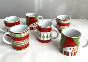 Lot of 6 CRATE & BARREL Coffee Mug Christmas Tree / Snowman / Holiday Stripes - Picture 1 of 9