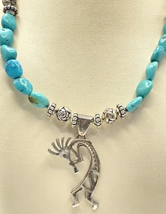 Sterling Silver 925 Engraved Rose Bead Turquoise Necklace 33.2 g 16" - Picture 1 of 7
