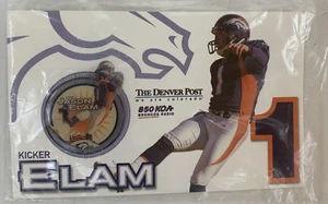 NFL Denver Broncos Jason Elam #1 Collectable Pin Badge on Card NWT - Picture 1 of 4