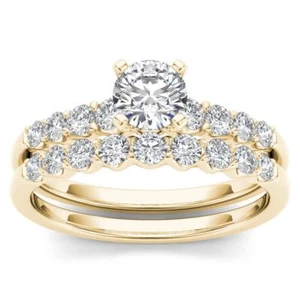 14k Yellow Gold Round Cut 1Ct Diamond Bridal Set Ring Size 9 Clarity I2 - Picture 1 of 6