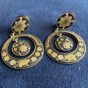 Vintage Damascene Earrings Clip-On Hoop Dangle Pair - Picture 1 of 14