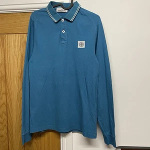Stone Island Long Sleeve Polo Men's Blue Pullover Cotton Plain Shirt Top Medium - Picture 1 of 5