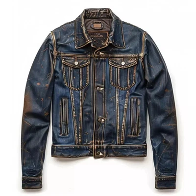 Trucker Leather Jacket For Men Real Lambskin Vintage Style Leather Jacket Blue - Image 1 of 4