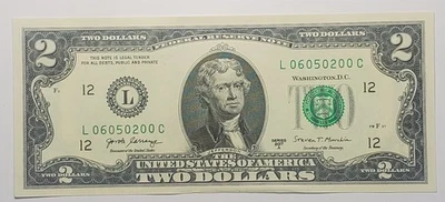 2017 A $2 GEM UNC note with very fancy serial# L06050200C - Image 1 of 2