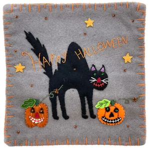 Halloween Cat Pillow Sham -Wool Embellished Hand Embroidered Black Cat Pumpkins - Picture 1 of 5